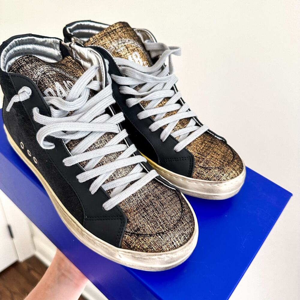 P448 Metallic Skate High Top Lace Up Sneakers Black/Gold 37 - Picture 4 of 7
